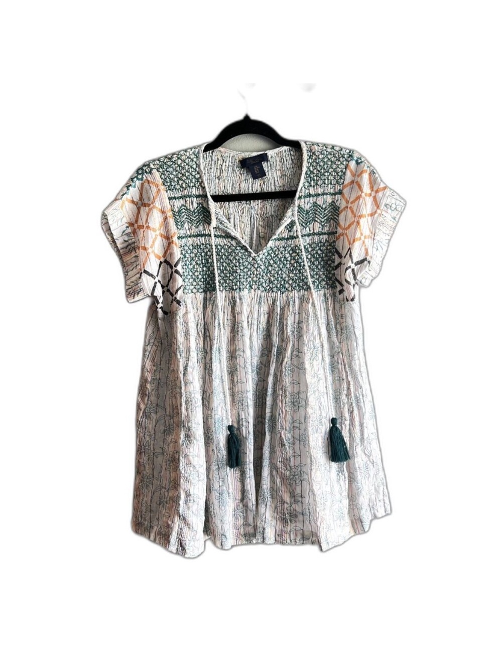 Rachel Boho Embroidered Short Sleeve Top - Green & Cream with Orange Accents